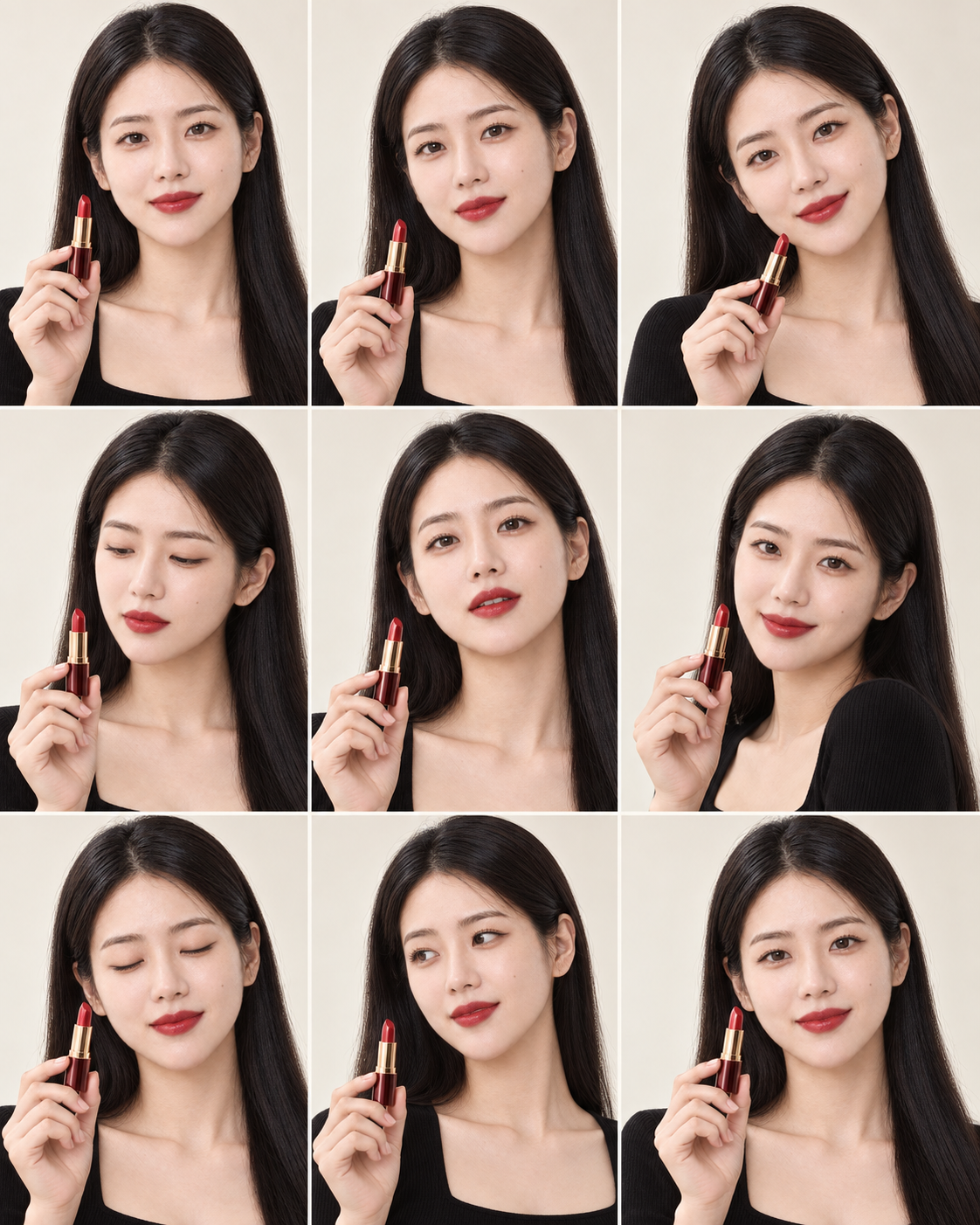 B · 부드러운 블랙 — 검정 의상과 긴 머리, 아이보리 배경으로 표현한 아홉 포즈입니다.