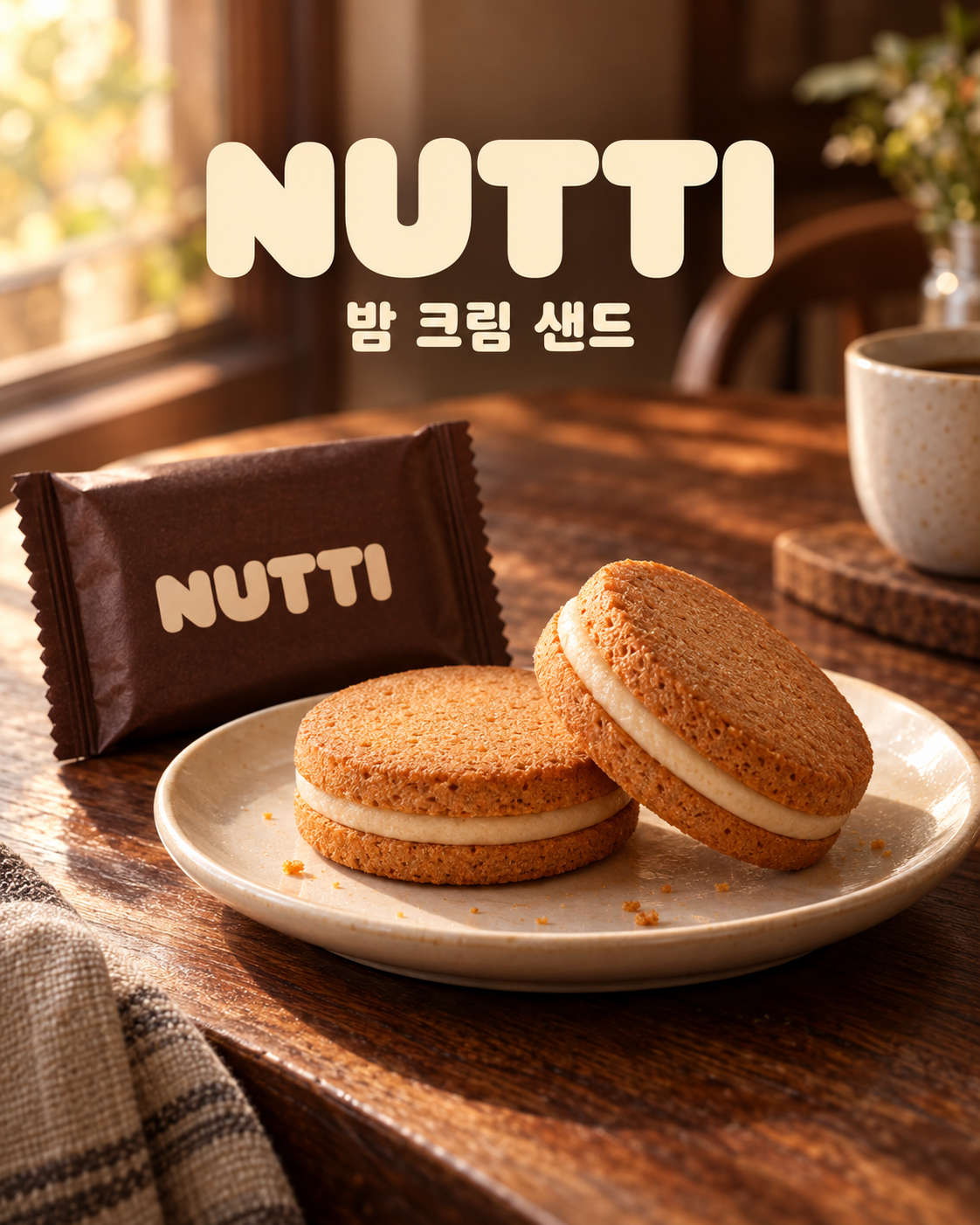 02 · 밤빛을 닮은 작은 샌드 — 갈색 NUTTI 포장과 쿠키 두 장 사이 크림 한 층의 제품 전체를 보여줍니다.