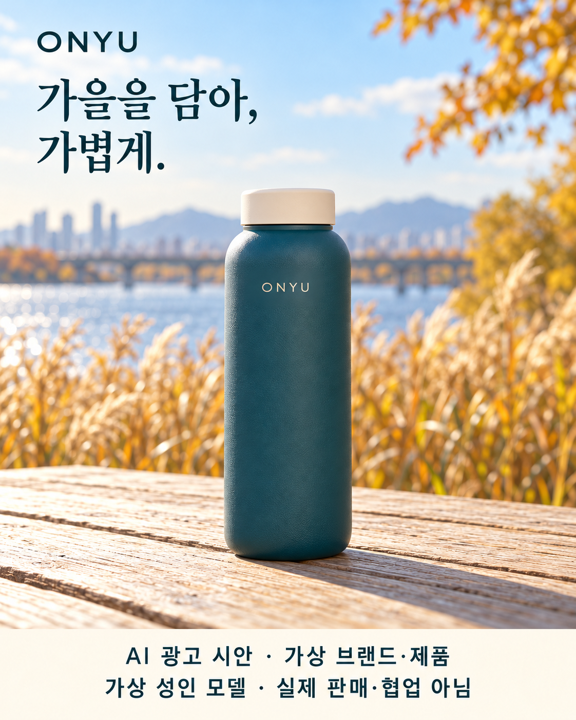 02 · 함께 떠나고 싶은 형태 — 닫힌 크림빛 뚜껑과 청록빛 원통형 몸체를 제품 전체 구도로 보여줍니다.