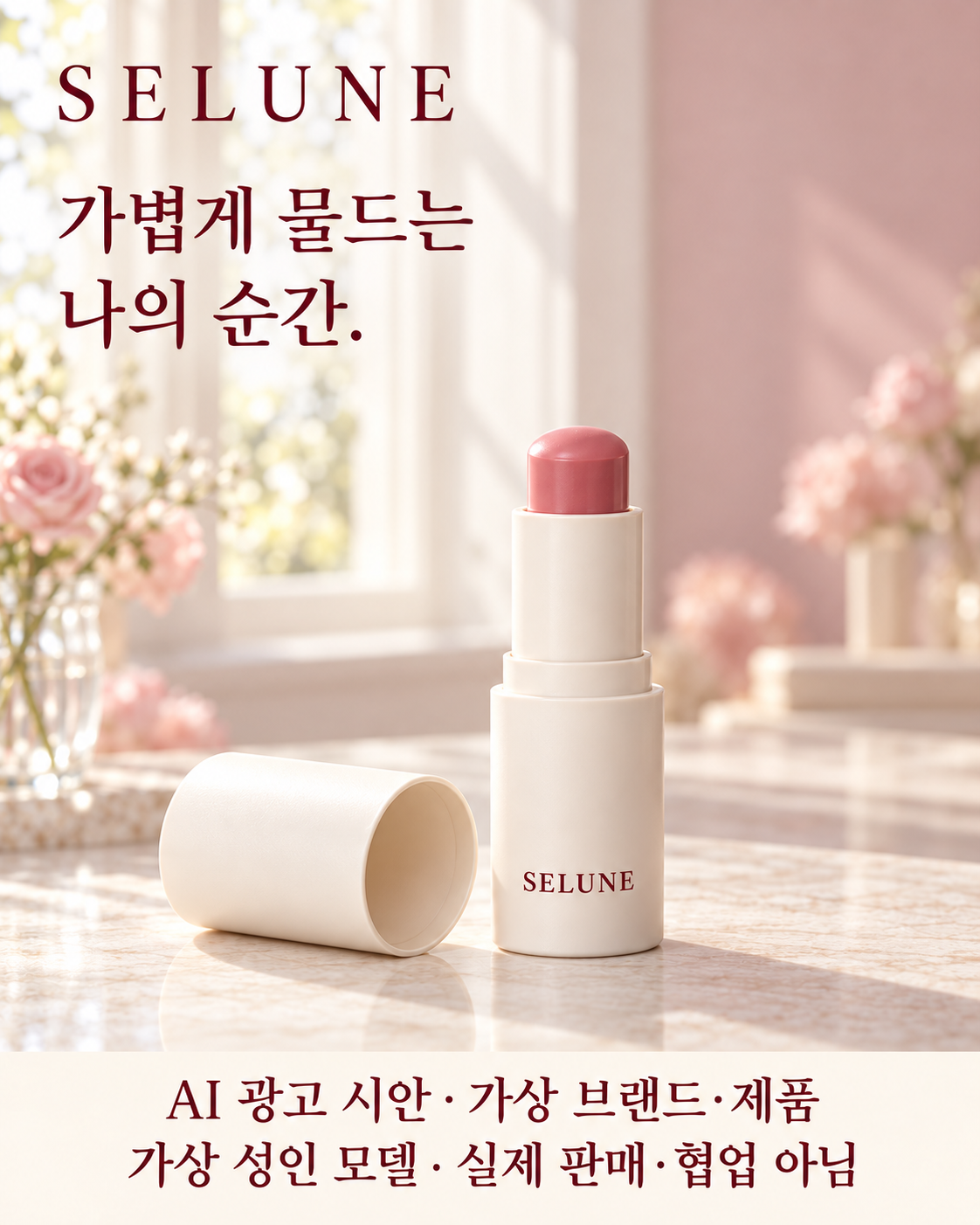 02 · 색을 담은 작은 형태 — 열린 아이보리 케이스와 로즈빛 밤, 분리된 캡을 제품 전체 구도로 보여줍니다.